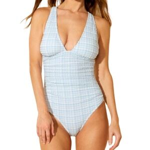Gingham Pucker Plunge Full Coverage One Piece Swimsuit - Shade & Shore